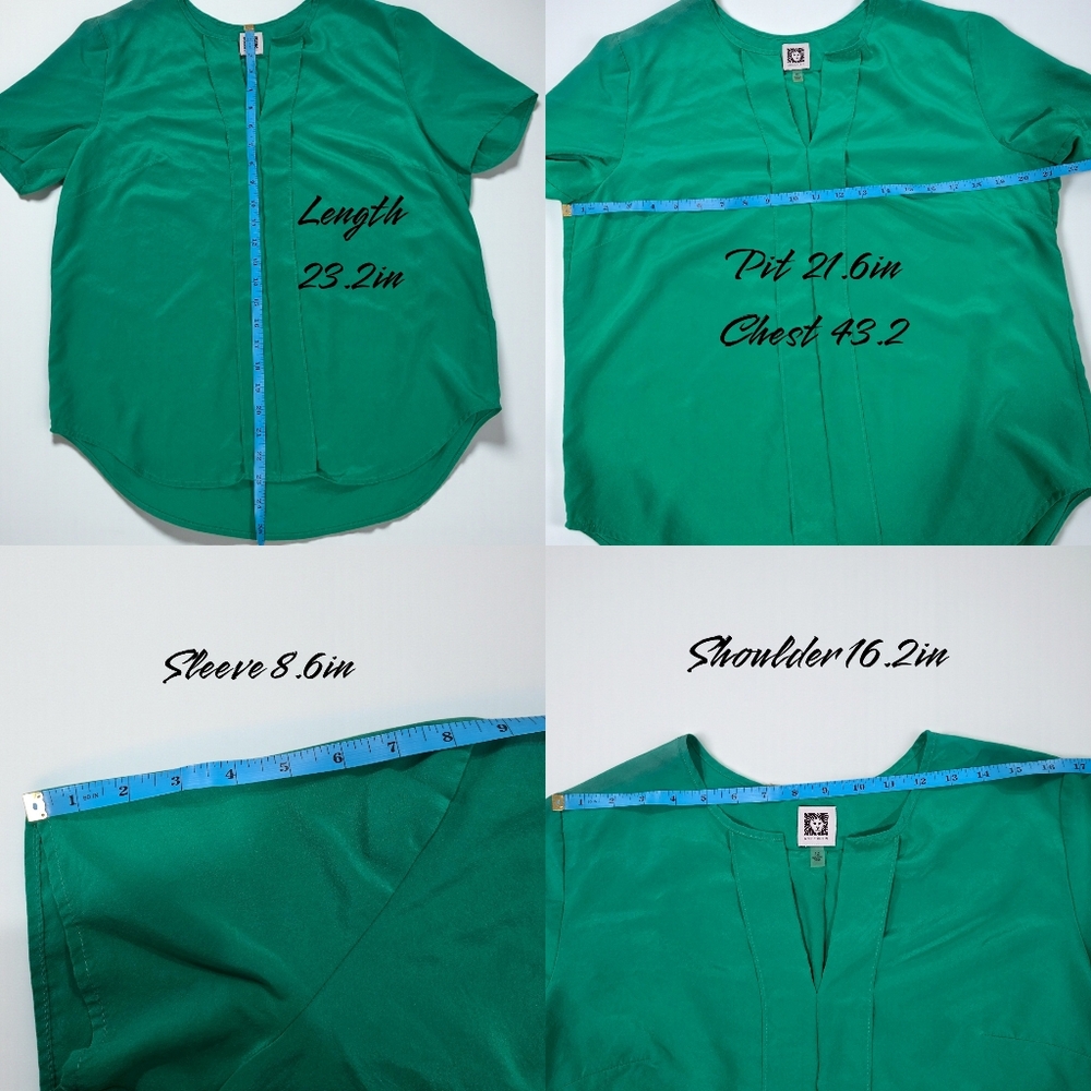 Anne Klein Silk Blouse Emerald Green Split Neck Size 12 (L001) - Picture 7 of 8
